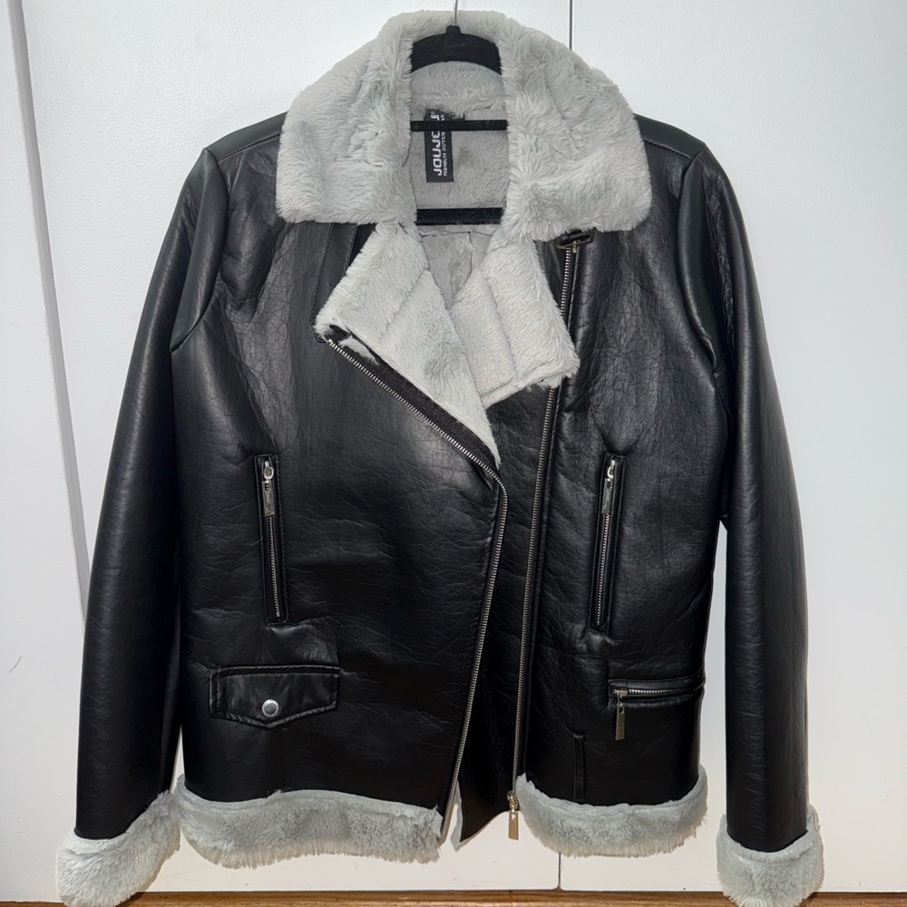 Black Faux Leather Jacket with Gray Faux Fur Lining